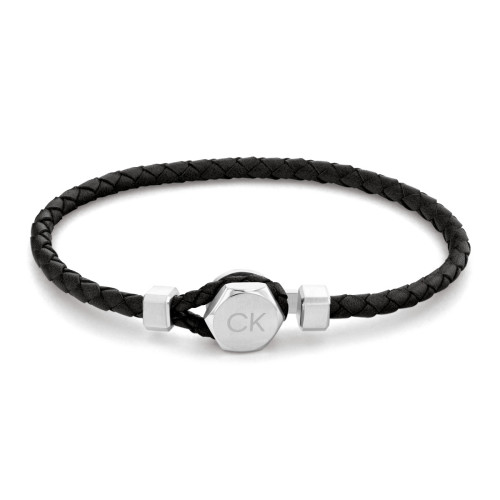 Pulsera Calvin Klein Hombre Cuero Negro Trenzado y Acero inoxidable