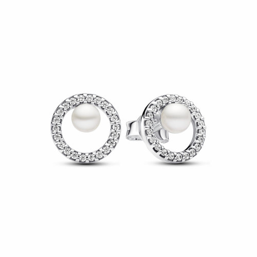 Pendientes de botón Perla Cultivada de Agua Dulce y Halo en Pavé