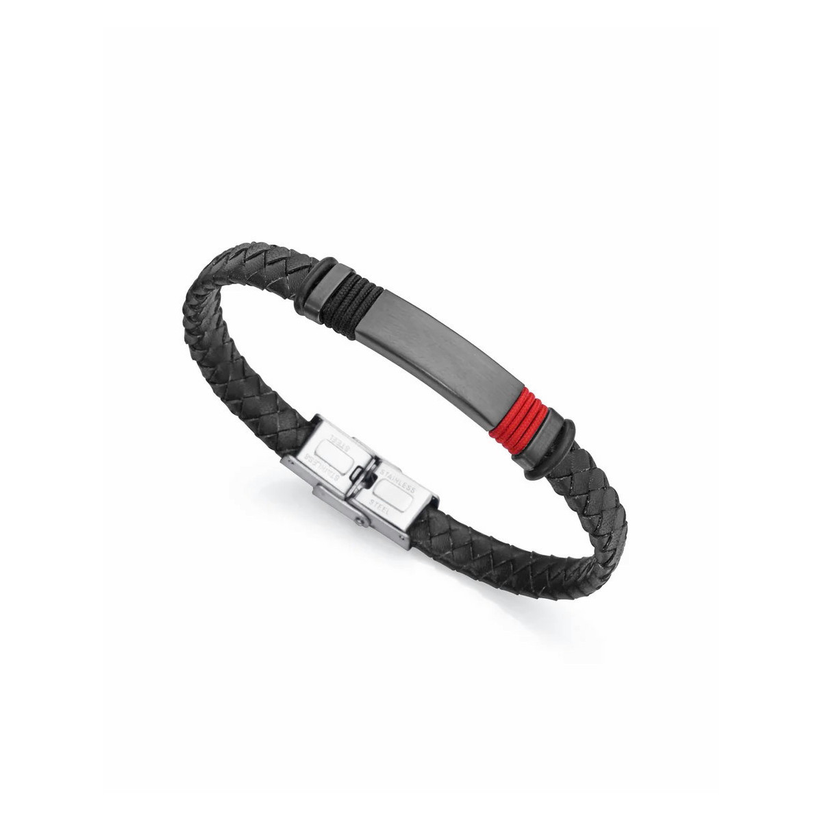 Pulsera Magnum de piel negra con motivo en acero Ip Gun y cordón rojo Viceroy