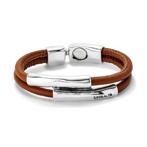 Pulsera doble cuero camel con dos tubos bañada en plata de ley