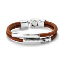 Pulsera doble cuero camel con dos tubos bañada en plata de ley