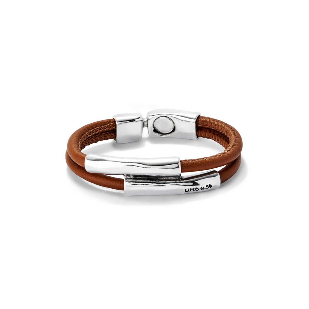 Pulsera doble cuero camel con dos tubos bañada en plata de ley
