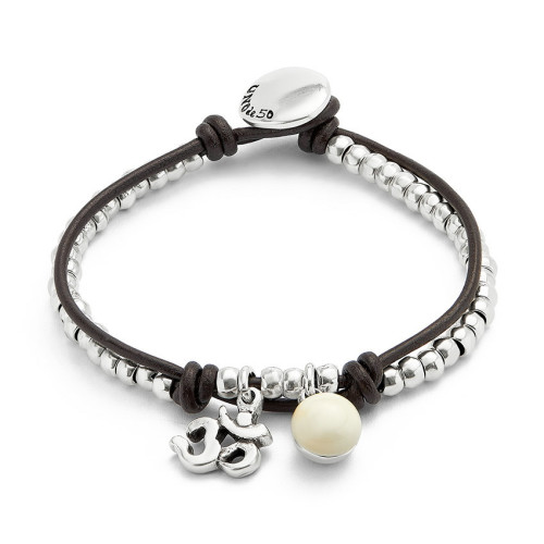 Pulsera bañadas en plata de ley con cuero y cristal de murano marfil UNO DE 50 - PUL2531MFLMTL0