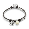 Pulsera bañadas en plata de ley con cuero y cristal de murano marfil UNO DE 50 - PUL2531MFLMTL0