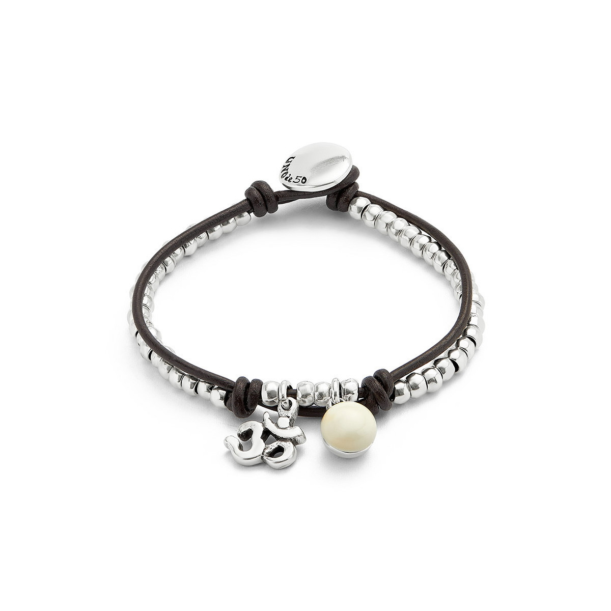 Pulsera bañadas en plata de ley con cuero y cristal de murano marfil UNO DE 50 - PUL2531MFLMTL0