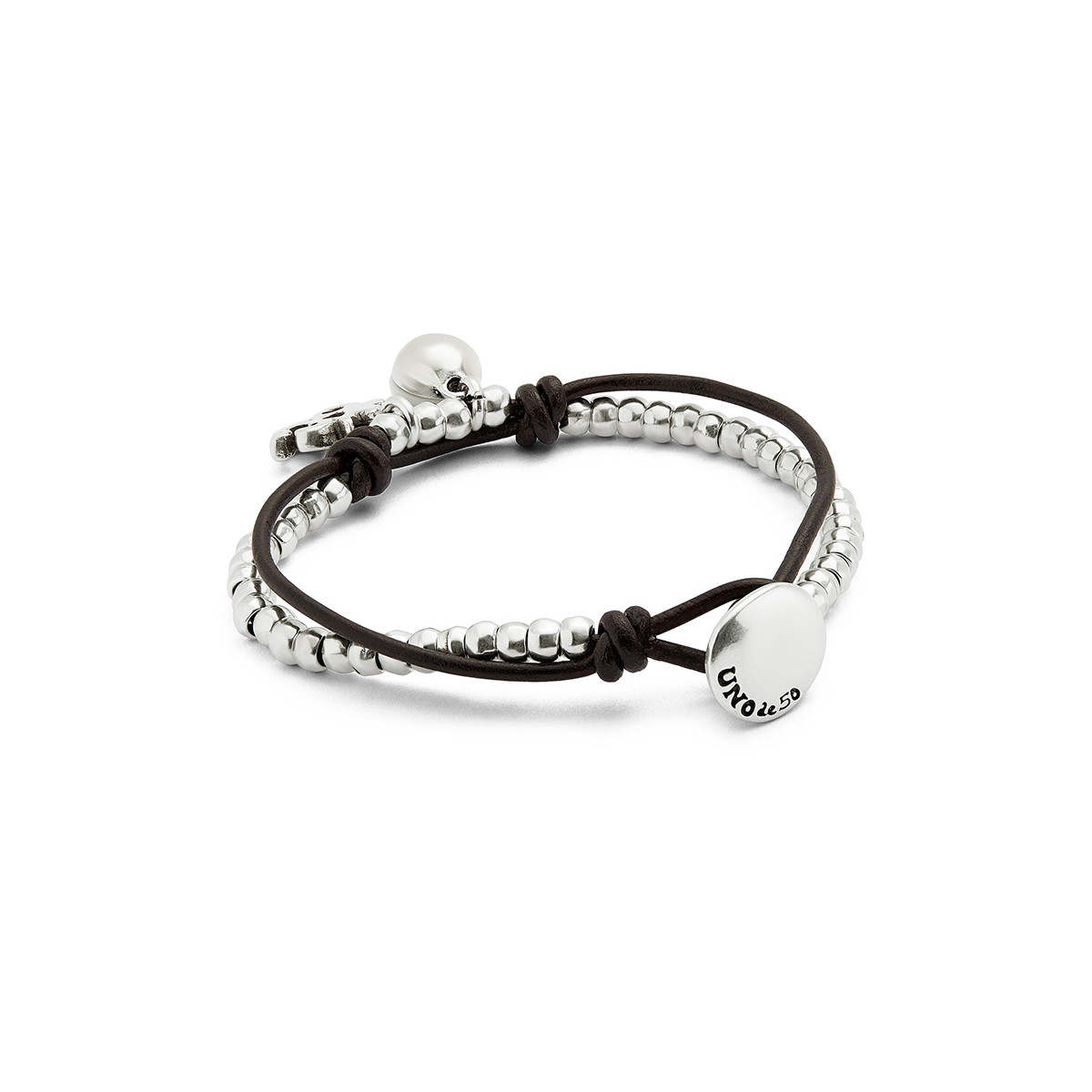 Pulsera bañadas en plata de ley con cuero y cristal de murano marfil UNO DE 50 - PUL2531MFLMTL0