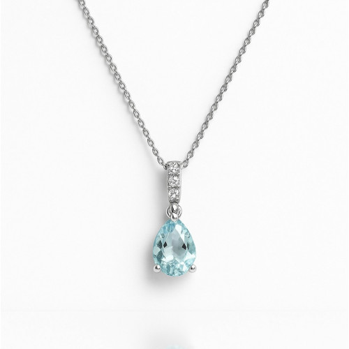 Collar de Oro Blanco con Diamantes y Aguamarina