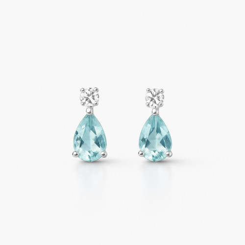 Pendientes de Oro Blanco con Aguamarina en Gota y Diamantes