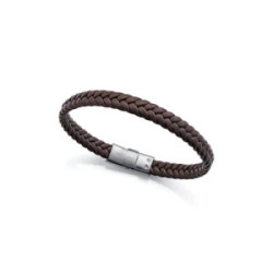 Pulsera de hombre de acero y piel trenzada marrón