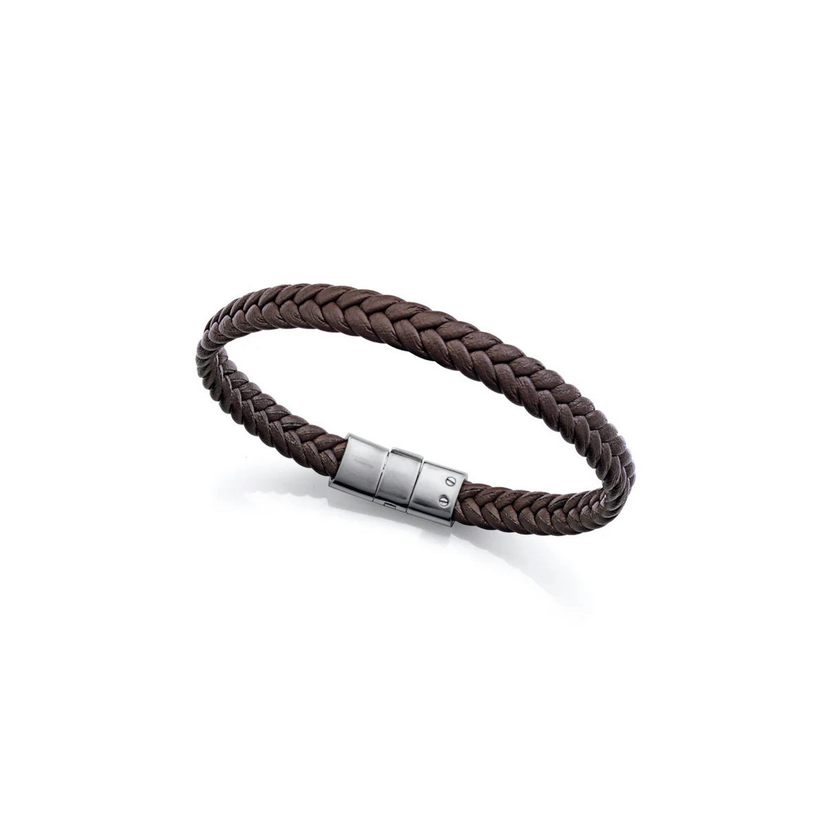 Pulsera de hombre de acero y piel trenzada marrón