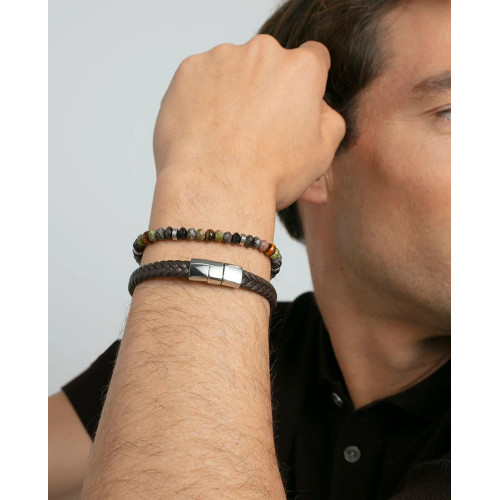 Pulsera de hombre de acero y piel trenzada marrón
