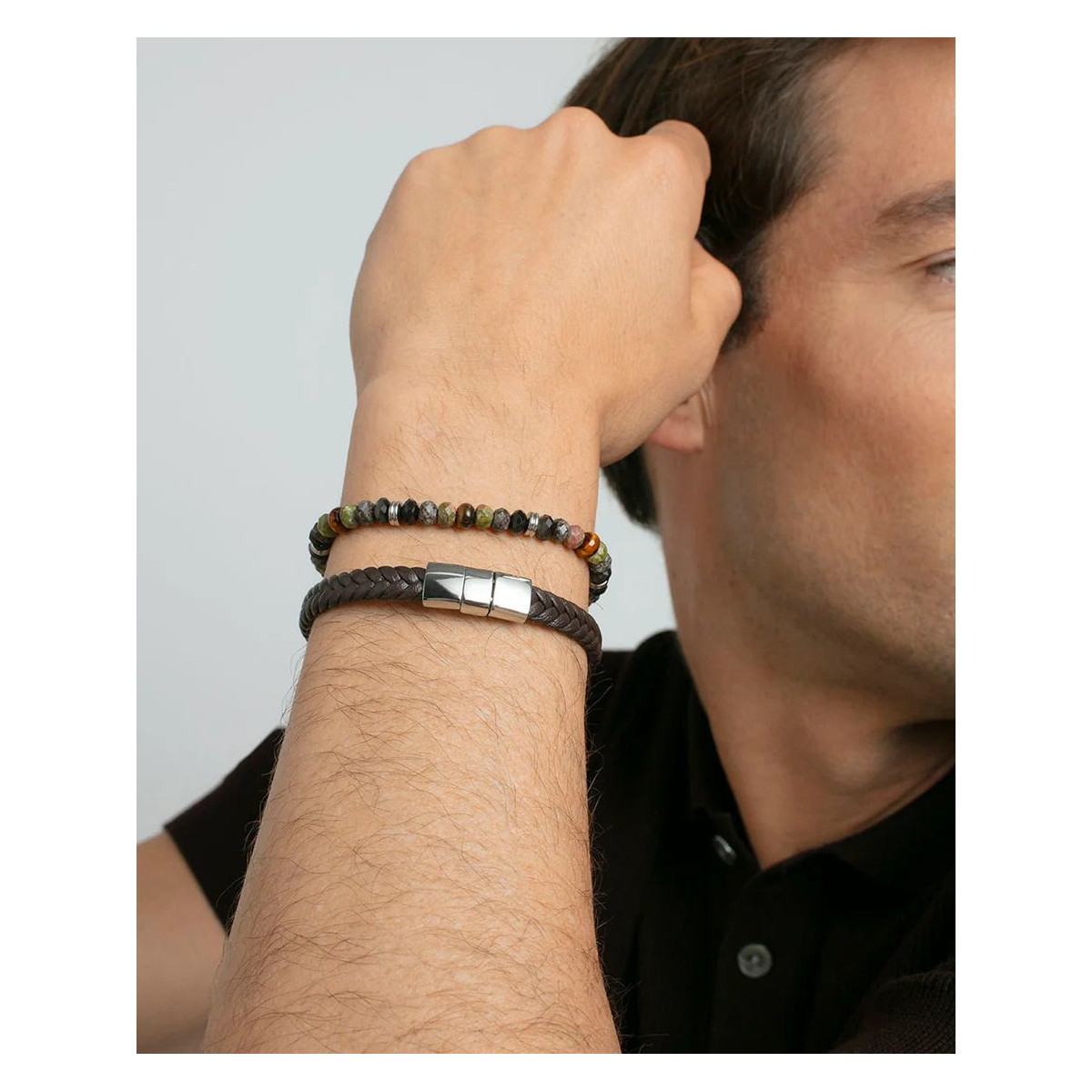 Pulsera de hombre de acero y piel trenzada marrón
