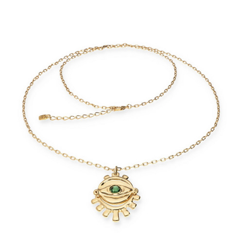 Collar largo bañado en oro 18k con detalle de ojo y cristal facetado verde UNO DE 50