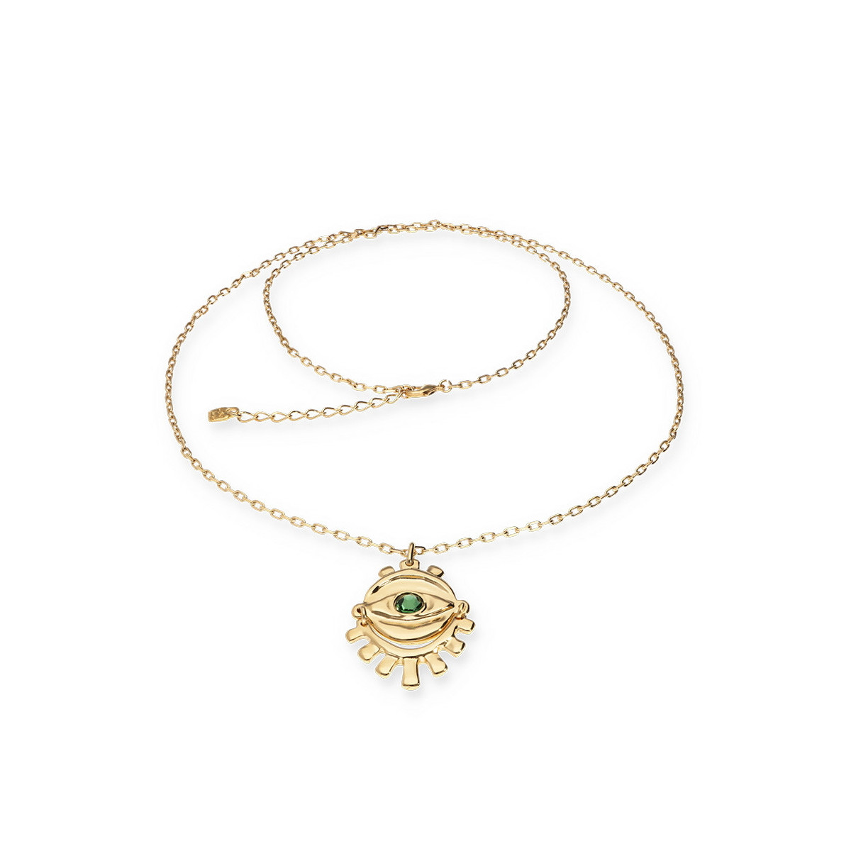 Collar largo bañado en oro 18k con detalle de ojo y cristal facetado verde UNO DE 50