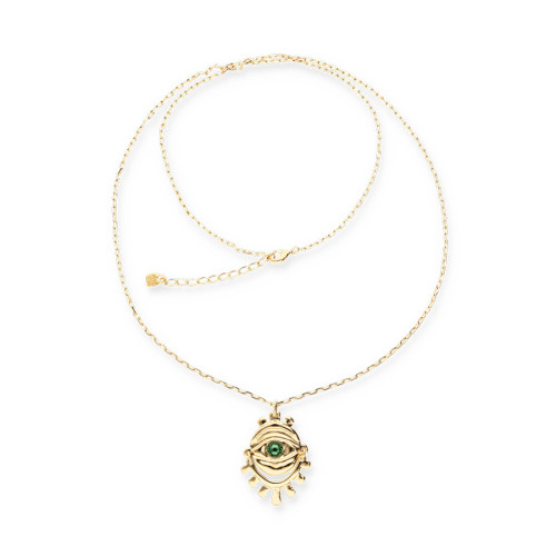 Collar largo bañado en oro 18k con detalle de ojo y cristal facetado verde UNO DE 50