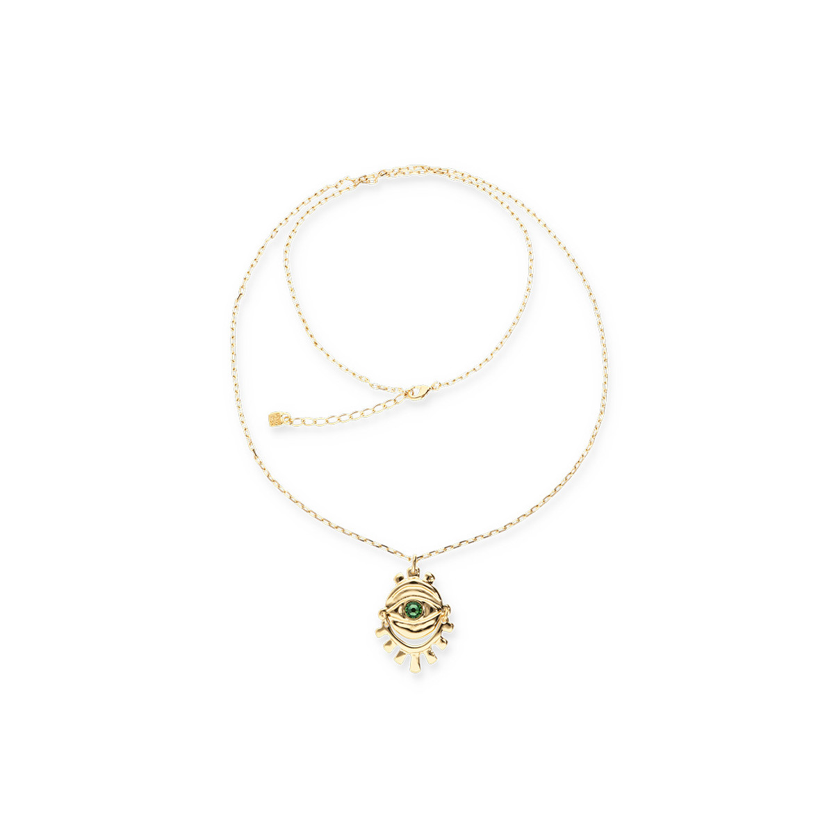 Collar largo bañado en oro 18k con detalle de ojo y cristal facetado verde UNO DE 50