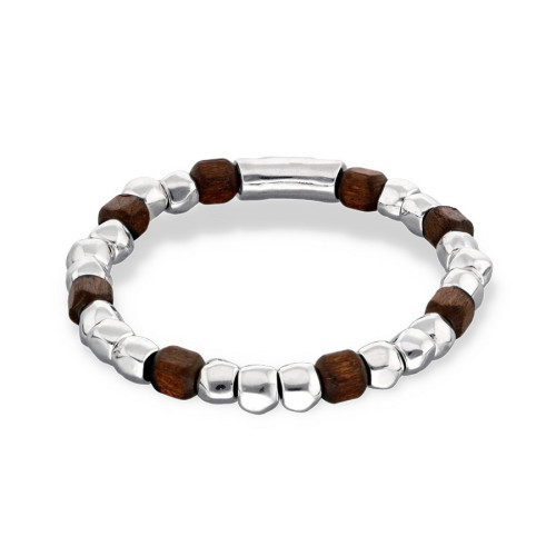 Pulsera elástica de cuentas en plata y madera UNO DE 50 - PUL2586MARMTL0