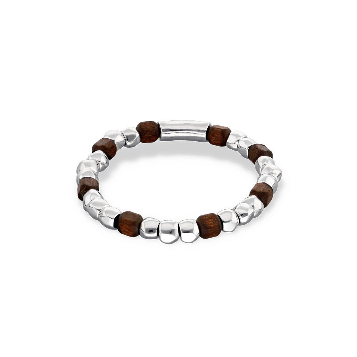 Pulsera elástica de cuentas en plata y madera UNO DE 50 - PUL2586MARMTL0