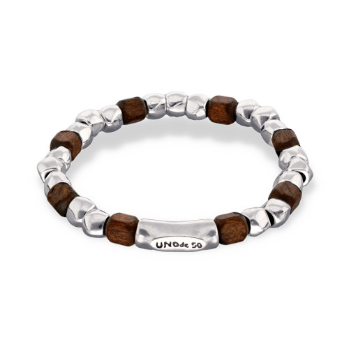 Pulsera elástica de cuentas en plata y madera UNO DE 50 - PUL2586MARMTL0