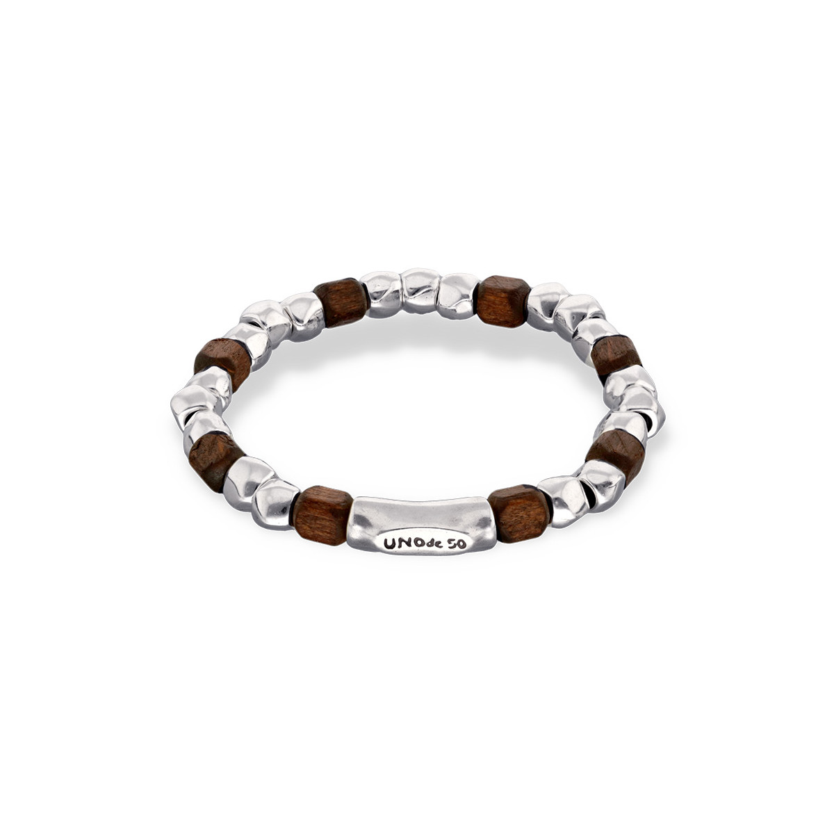 Pulsera elástica de cuentas en plata y madera UNO DE 50 - PUL2586MARMTL0