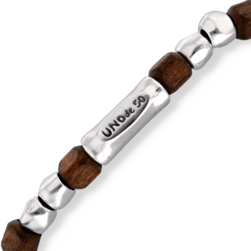 Pulsera elástica de cuentas en plata y madera UNO DE 50 - PUL2586MARMTL0
