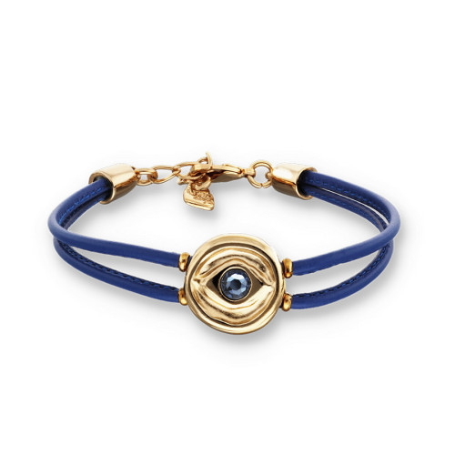 Pulsera doble de cuero azul con ojo bañado en plata de ley UNO DE 50 - PUL2601AZOORO0