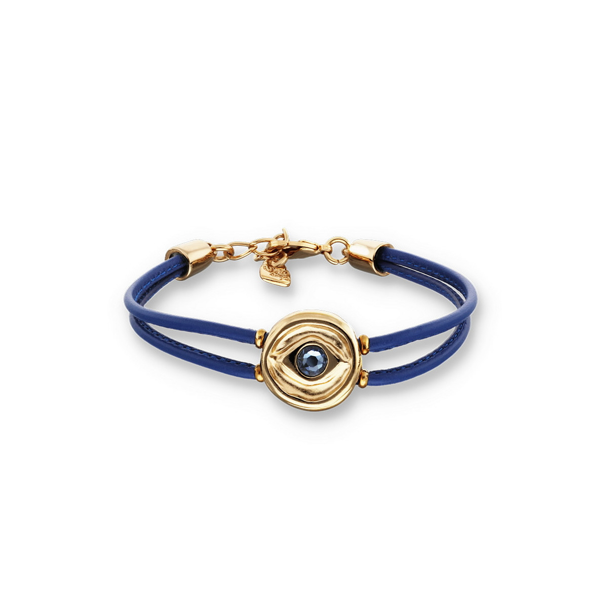 Pulsera doble de cuero azul con ojo bañado en plata de ley UNO DE 50 - PUL2601AZOORO0