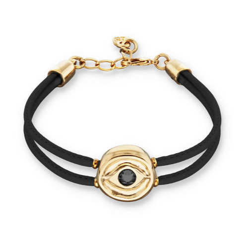 Pulsera doble de cuero negro con ojo bañado en oro 18k UNO DE 50 - PUL2601NGRORO0