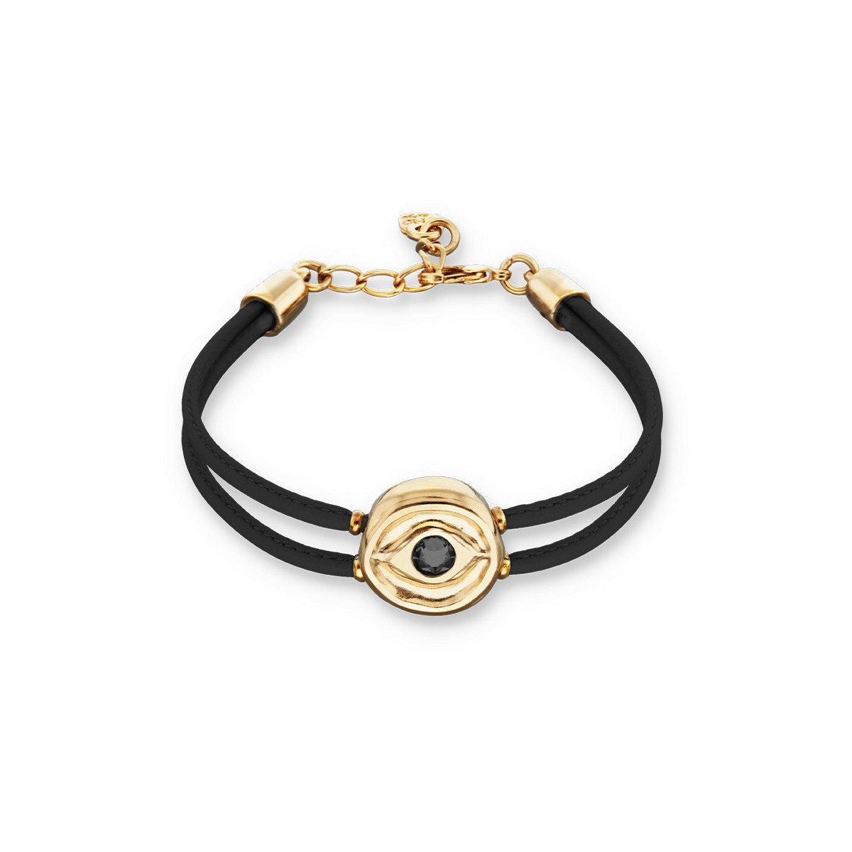 Pulsera doble de cuero negro con ojo bañado en oro 18k UNO DE 50 - PUL2601NGRORO0