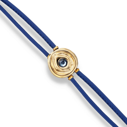 Pulsera doble de cuero azul con ojo bañado en plata de ley UNO DE 50 - PUL2601AZOORO0