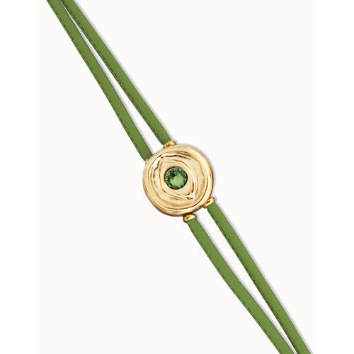 Pulsera doble de cuero verde con ojo bañado en oro 18k UNO DE 50 - PUL2601VRDORO0