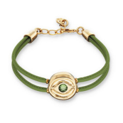 Pulsera doble de cuero verde con ojo bañado en oro 18k UNO DE 50 - PUL2601VRDORO0