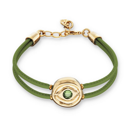 Pulsera doble de cuero verde con ojo bañado en oro 18k UNO DE 50 - PUL2601VRDORO0