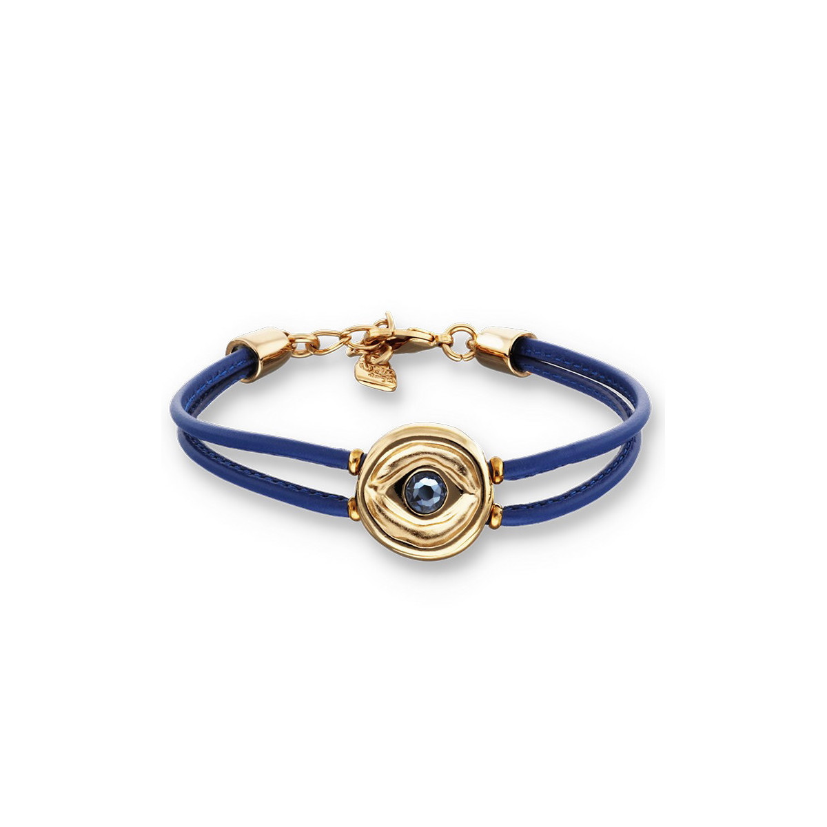 Pulsera doble de cuero azul con ojo bañado en plata de ley UNO DE 50 - PUL2601AZOORO0