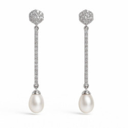 Pendientes largos de oro blanco con circonitas y perlas