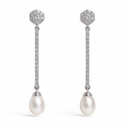 Pendientes largos de oro blanco con circonitas y perlas