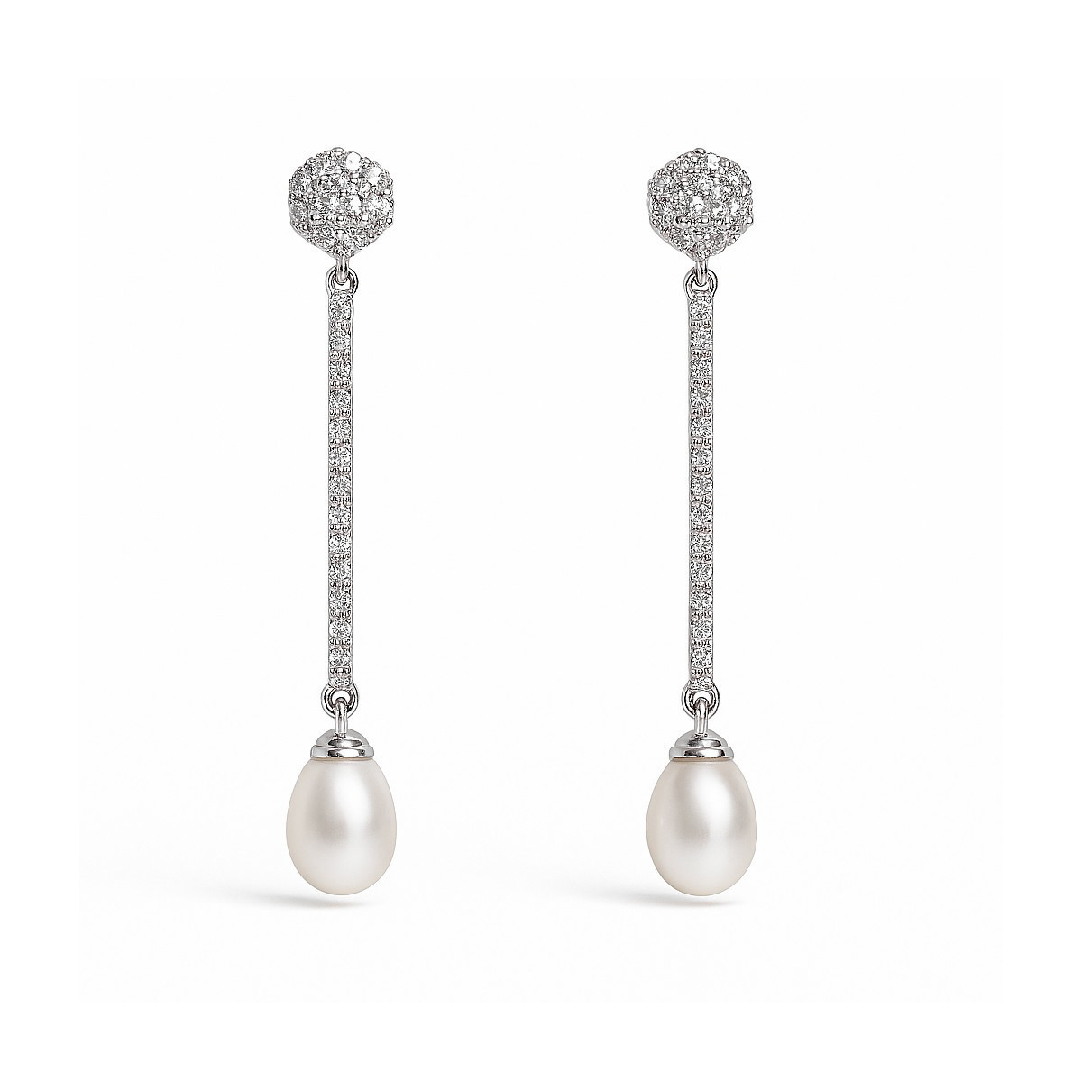 Pendientes largos de oro blanco con circonitas y perlas