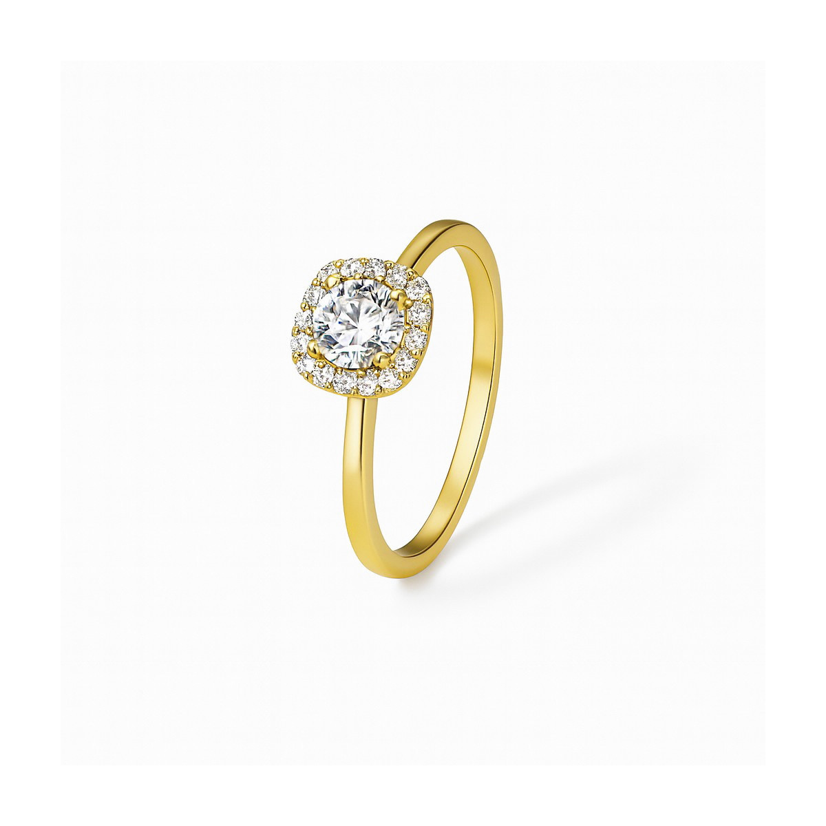 Anillo de oro amarillo 18k con circonita central y halo cuadrado