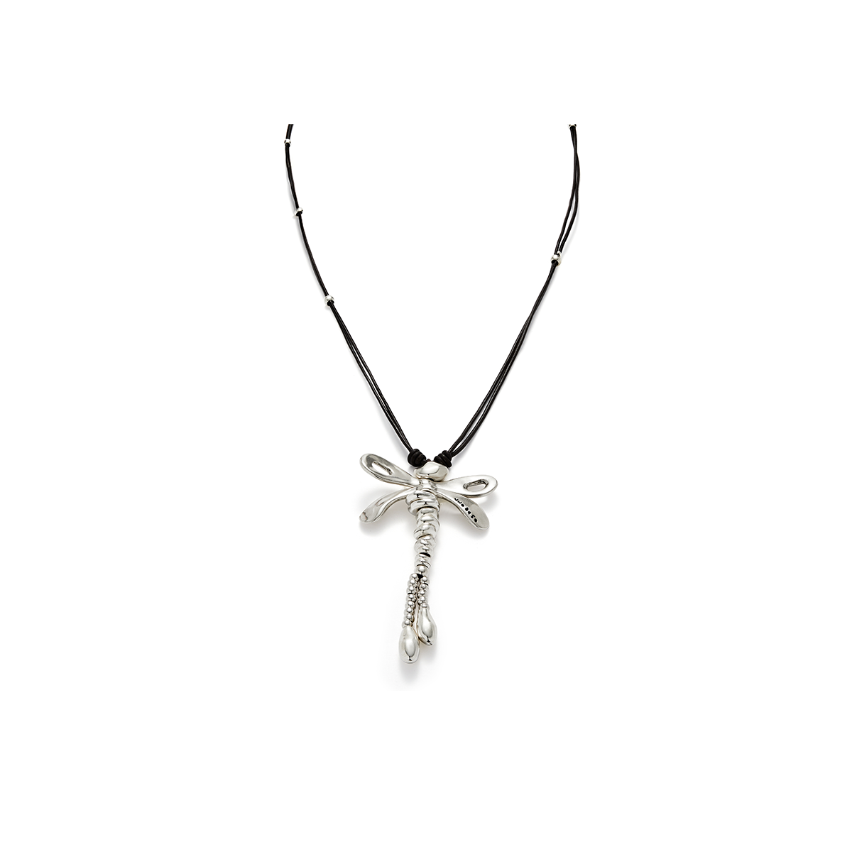 Collar largo de cuero con libélula central bañado en plata de ley Uno de 50