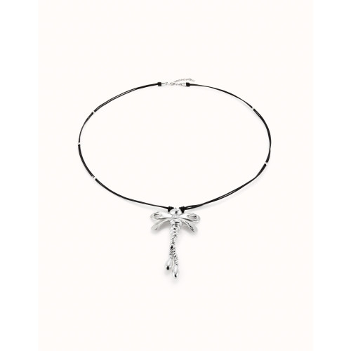 Collar largo de cuero con libélula central bañado en plata de ley Uno de 50