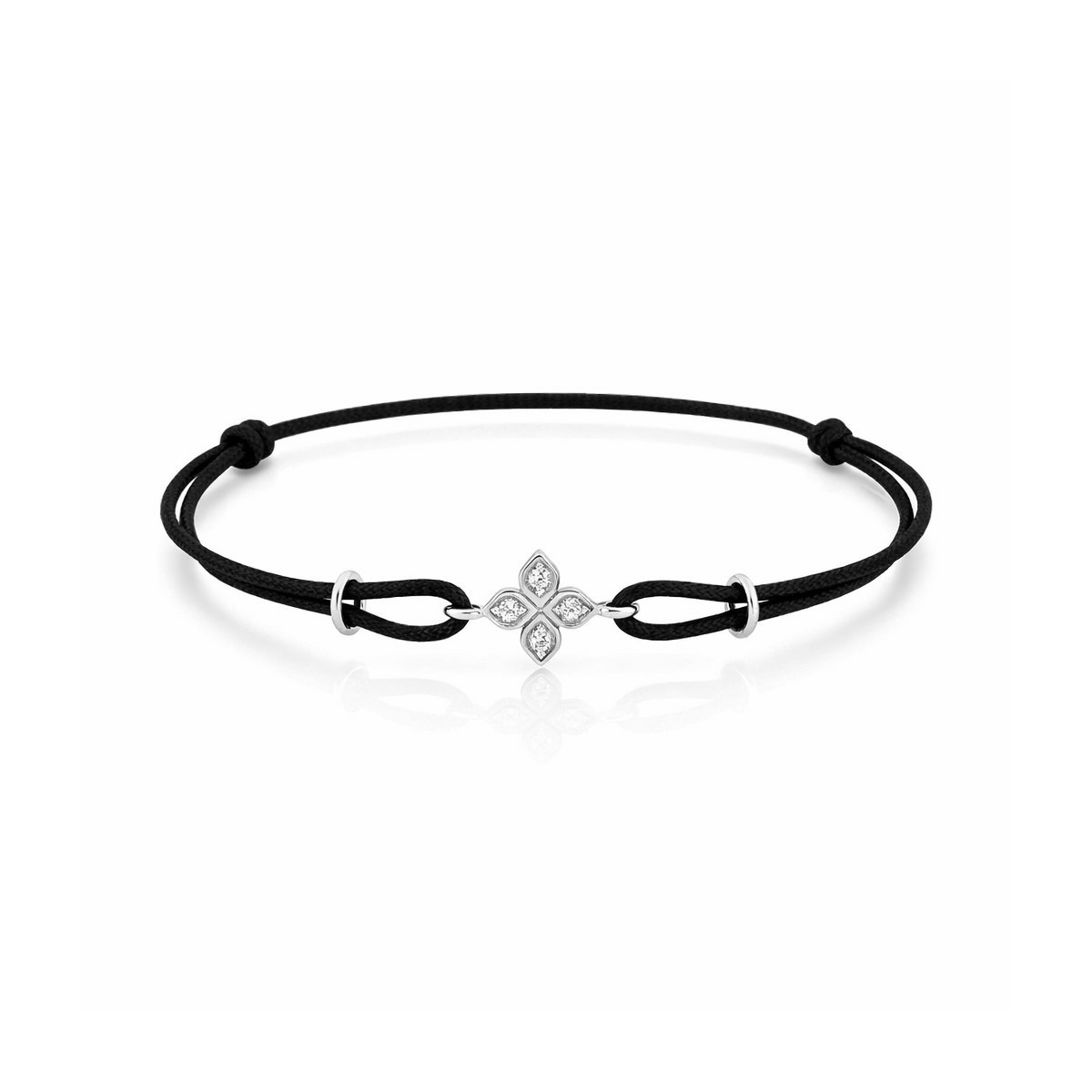 Pulsera Ajustable de Cordón Negro con Detalle Floral en Plata y Circonitas
